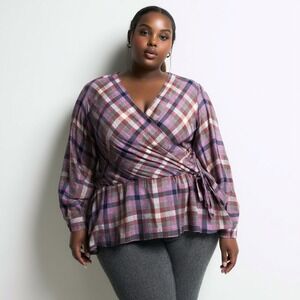 Lane Bryant Women's Wrap Blouse 30/32 Plaid Tie Waist Long Sleeve Casual